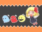  +_+ 1girl akabei aosuke black_background black_skirt black_vest blonde_hair blush_stickers chasing crossover fangs flying_sweatdrops ghost hair_ribbon long_sleeves matty_(zuwzi) necktie open_mouth outstretched_arms pac-man pac-man_(game) pac-man_eyes red_eyes red_necktie red_ribbon red_shoes ribbon rumia shoes short_hair skirt smile spread_arms touhou 