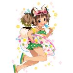  1girl animal_ears black_eyes bracelet brown_hair fake_animal_ears flower food highres holding innertube jewelry looking_at_viewer official_art open_clothes open_mouth polka_dot polka_dot_swimsuit popsicle round_teeth sandals solo spaghetti_strap sparkle sunglasses sunglasses_on_head swimsuit tail teeth transparent twintails twisted_torso uchi_no_hime-sama_ga_ichiban_kawaii 