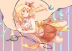  1girl alternate_costume bare_arms barefoot blonde_hair buttons crystal detached_collar flandre_scarlet floating full_body glowing hair_between_eyes hair_ribbon laevatein no_hat no_headwear orange_background purple_background red_eyes red_ribbon red_skirt ribbon side_ponytail skirt solo strapless suo_niao tagme touhou wings 