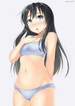  1girl asashio_(kantai_collection) black_hair blue_bra blue_eyes blue_panties blush bra breasts hand_on_own_chest kankitsunabe_(citrus) kantai_collection long_hair open_mouth panties small_breasts solo training_bra twitter_username underwear underwear_only white_background 