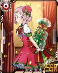  1girl arm_behind_back bow box card_(medium) gift gift_box green_bow hair_ornament holding indoors lisbeth lisbeth_(sao-alo) pink_eyes pink_hair pointy_ears redhead short_hair smile solo star star_hair_ornament sword_art_online wrist_cuffs 