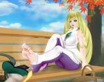  1girl arm_support barefoot bench blonde_hair blue_eyes feet high_heels leggings long_hair lusamine_(pokemon) no_shoes pokemon shoes_removed sitting soles steam sweat toeless_legwear toes 