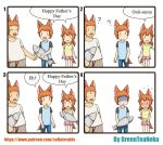  1girl 2boys 4koma ? absurdres animal_ears blush brother_and_sister comic english facial_hair father&#039;s_day father_and_daughter father_and_son fish greenteaneko highres multiple_boys mustache o_o original pregnant shocked_eyes short_hair short_twintails siblings surprised tail twintails 