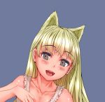  1girl animal_ears aqua_eyes blonde_hair blue_background blush close-up collarbone ewokaku_kitsune eyebrows eyebrows_visible_through_hair eyelashes fangs frills gradient_eyes hand_up long_hair looking_at_viewer multicolored_eyes open_mouth original shiny shiny_skin simple_background solo tongue underwear underwear_only upper_body very_long_hair 
