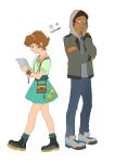  1boy 1girl bag black_boots black_eyes blush boots bracelet brown_eyes brown_hair earrings flower_earrings full_body hairband handbag hood hoodie hyakujuu-ou_golion jacket jewelry lance_(voltron) necklace no_glasses pidge_gundarsson sasha_gladysh skirt tablet_pc voltron:_legendary_defender 