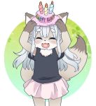  artist_request birthday_cake borrowed_character cake closed_eyes fox furry happy_birthday long_hair open_mouth white_hair 
