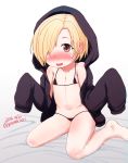  1girl artist_name bare_shoulders bikini black_bikini blonde_hair blush child dated female flat_chest hoodie idolmaster idolmaster_cinderella_girls jacket long_sleeves midriff navel one_eye_covered open_mouth pocaeri seiza shirasaka_koume simple_background solo swimsuit white_background 