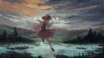  1girl absurdres blurry bow brown_hair clouds cloudy_sky depth_of_field flying gohei grass hair_bow hair_tubes hakurei_reimu highres hill lake light_particles long_hair mary_janes mifuru profile ripples river scenery shoes sidelocks sky solo spell_card touhou tree twilight 