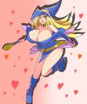 1girl bare_legs bare_shoulders blonde_hair boots breasts dark_magician_girl duel_monster female green_eyes hat hifumiyo huge_breasts legs long_hair looking_at_viewer magical_girl shiny shiny_skin skirt solo yu-gi-oh! 
