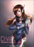 1girl backlighting bangs bodysuit bracer breasts brown_eyes brown_hair bunny_print character_name copyright_name cowboy_shot d.va_(overwatch) facepaint facial_mark gloves headphones high_collar highres light_smile lips long_hair looking_at_viewer monkeyyan nose overwatch pilot_suit purple_background ribbed_bodysuit shoulder_pads skin_tight small_breasts solo swept_bangs watermark web_address whisker_markings white_gloves 