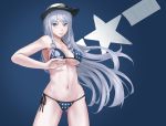  1girl ass_visible_through_thighs bikini blue_bikini blue_eyes breasts cowboy_hat cowboy_shot drill_hair hat highres lips long_hair medium_breasts mikado_(winters) navel original ship side-tie_bikini silver_hair standing star star_print swimsuit under_boob very_long_hair watercraft 