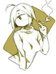 1girl :/ ahoge bangs breasts cigarette cyclops highres holding_cigarette hood hoodie large_breasts limited_palette muroku_(aimichiyo0526) one-eyed original simple_background sketch smoke smoking solo swept_bangs two-tone_background upper_body white_background yellow_background 