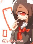  +_+ 1girl adjusting_glasses ahoge bangs bow braid brown_hair cyclops glasses hair_bow looking_at_viewer muroku_(aimichiyo0526) necktie one-eyed open_mouth orange_eyes original red_necktie side_braid simple_background solo swept_bangs thought_bubble twitter_username upper_body viewfinder white_background 