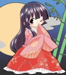  1girl bamboo black_hair blush brown_eyes chibi clouds commentary covering_mouth full_moon hand_over_own_mouth highres hime_cut houraisan_kaguya long_sleeves looking_at_viewer mana_(gooney) moon one_eye_closed solo tagme touhou wide_sleeves 