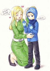  1boy 1girl age_difference belt black_hair blonde_hair blue_eyes child craig_tucker dress earflap_hat green_dress hat high_heels jacket kneeling mittens mother mother_and_son scarf south_park yo_shiba_osamu 