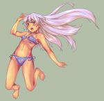  1girl armpits bikini blush breasts ewokaku_kitsune full_body hand_up jumping long_hair looking_at_viewer navel open_mouth original red_eyes side-tie_bikini silver_hair simple_background small_breasts solo swimsuit tan very_long_hair 