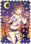  1girl bat blush boots brown_hair cat_paws collar commentary crescent_moon halloween highres ichi_makoto midriff moon navel off_shoulder open_mouth original paw_print paws shirt short_hair short_shorts shorts smile solo star strap striped striped_legwear tail torn_clothes torn_shirt wolf_girl wolf_tail yellow_eyes 