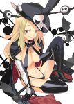  :p blonde_hair cape elbow_gloves garter_straps gloves hat highres long_hair mibu_natsuki red_eyes senran_kagura_(series) shiki_(senran_kagura) sitting sling_bikini swimsuit thigh-highs tongue tongue_out witch_hat 