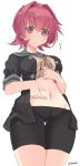  &gt;:t 1girl :t annoyed belly_grab bike_shorts black_jacket from_below frown highres jacket kantai_collection kinu_(kantai_collection) looking_down nao_(qqqbb) navel pinching pink_eyes pink_hair pout remodel_(kantai_collection) shirt_lift short_hair stomach thigh_gap twitter_username weight_conscious 