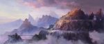  clouds fantasy fog fortress landscape mountain no_humans original path road scenery sky snow twilight usada_yuh 
