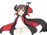  1girl :d arm_up baigao brown_hair cape chain child fang high_collar horns open_mouth red_eyes short_hair simple_background sleeves_past_wrists smile solo sukhbaatar_(zhan_jian_shao_nyu) tail wand white_background zhan_jian_shao_nyu 