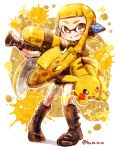  1girl bangs bike_shorts black_shorts blonde_hair blunt_bangs boots brown_eyes closed_mouth domino_mask electricity full_body harutarou_(orion_3boshi) headgear holding holding_weapon ink_tank_(splatoon) inkling long_hair looking_at_viewer mask octoshot_(splatoon) paint_splatter pikachu pointy_ears pokemon pokemon_(creature) shorts smile solo splatoon standing tentacle_hair weapon white_background 
