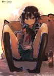  1girl :t eating female kaamin_(mariarose753) kantai_collection mutsuki_(kantai_collection) sailor_uniform short_hair skirt socks solo twitter_username 