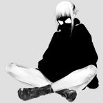  androgynous ankle_boots arm_support bare_legs boots cross-laced_footwear full_body gas_mask grey_background greyscale highres lace-up_boots long_sleeves monochrome original sawasawa short_hair_with_long_locks simple_background sitting solo 