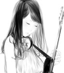  1girl bare_arms bare_shoulders blouse breasts closed_eyes closed_mouth electric_guitar eyelashes fingernails from_side greyscale guitar headphones headphones_around_neck highres instrument lips long_hair medium_breasts monochrome music original playing_instrument sawasawa simple_background sleeveless solo upper_body white_background wire 