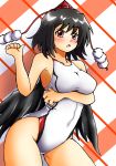  1girl black_hair black_wings blush breast_hold breasts competition_swimsuit d-m_(dii_emu) hat highres medium_breasts one-piece_swimsuit open_mouth pom_pom_(clothes) red_eyes shameimaru_aya short_hair solo swimsuit tokin_hat touhou white_swimsuit wings 