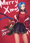  1girl :p blue_hair braid candy candy_cane christmas food highres jacket jinx_(league_of_legends) league_of_legends long_hair looking_at_viewer merry_christmas oopartz_yang red_background simple_background skirt solo thighs tongue tongue_out twin_braids very_long_hair violet_eyes 