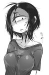  1girl black_hair breasts collarbone cyclops d: greyscale hair_over_one_eye large_breasts monochrome muroku_(aimichiyo0526) one-eyed open_mouth original shaded_face shirt short_hair short_sleeves simple_background solo sweatdrop upper_body white_background 