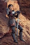  1girl armor cassandra_pentaghast cassandra_pentaghast_(cosplay) chainmail cosplay dark_incognito dragon_age dragon_age_2 full_body gauntlets photo pixie_cut short_hair solo standing sword weapon 