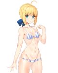  1girl bikini blonde_hair blue_eyes blue_ribbon braid breasts cleavage cowboy_shot fate_(series) hair_ribbon hips navel ribbon saber shovelwall simple_background smile solo stomach striped striped_bikini striped_swimsuit swimsuit 