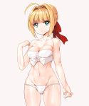  1girl adapted_costume ahoge bare_shoulders blonde_hair braid breasts cleavage cowboy_shot fate_(series) green_eyes hair_ribbon hips navel red_ribbon ribbon saber_extra shovelwall simple_background smile solo stomach swimsuit white_swimsuit 