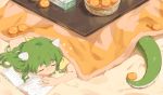  1girl closed_eyes dragon_girl dragon_tail female green_hair horns kotatsu kotatsu_dragon monosenbei monster_girl open_mouth orange solo tail zakuzaku_akutaazu 