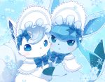  2girls alola_form alolan_vulpix blue_eyes clothed_pokemon furry glaceon kemoribon light_blue_background nintendo pokemon pokemon_(creature) snow snowflake vulpix 