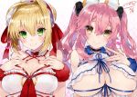  2girls ahoge animal_ears bad_id bad_twitter_id bare_shoulders blonde_hair blush breasts brown_eyes choker cleavage commentary_request covered_nipples dated detached_collar fate/extra fate_(series) fox_ears frills green_eyes hair_bun hair_ornament hair_ribbon hair_scrunchie heart kou_mashiro large_breasts long_hair looking_at_viewer multiple_girls nail_polish nero_claudius_(fate) nero_claudius_(fate)_(all) pink_hair ribbon scrunchie signature simple_background smile tamamo_(fate)_(all) tamamo_no_mae_(fate) twintails under_boob upper_body white_background wrist_scrunchie 
