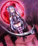  1girl artist_request blush cape full_moon gloves gothic_wa_mahou_otome heike_(gothic_wa_mahou_otome) hood long_hair looking_at_viewer red_eyes red_moon scythe silver_hair skull smile solo standing striped striped_legwear thigh-highs weapon 