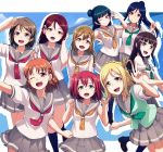  6+girls ahoge arm_up blonde_hair blue_eyes blue_hair blue_legwear bow brown_eyes brown_hair collarbone green_eyes grey_skirt hair_bow hair_ornament hand_in_hair high_ponytail highres kneehighs kunikida_hanamaru kurosawa_dia kurosawa_ruby long_hair looking_at_viewer love_live! love_live!_sunshine!! matsuura_kanan mole mole_under_mouth multiple_girls nanotsuki ohara_mari one_eye_closed open_mouth orange_bow outstretched_arm pleated_skirt redhead sakurauchi_riko salute school_uniform serafuku shirt short_hair short_twintails skirt smile takami_chika tsushima_yoshiko twintails violet_eyes w watanabe_you white_shirt yellow_eyes 