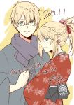  1boy 1girl berserker_(fate/prototype_fragments) blonde_hair fate/apocrypha fate/grand_order fate/prototype fate/prototype:_fragments_of_blue_and_silver fate_(series) glasses green_eyes japanese_clothes kimono long_hair looking_at_viewer ponytail saber_of_red short_hair smile sooru0720 