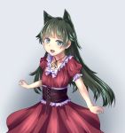  1girl :d animal_ears black_hair blue_eyes bow corset cowboy_shot dress ewokaku_kitsune fang frilled_dress frills jewelry long_hair looking_at_viewer necklace open_mouth original simple_background smile solo 