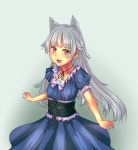  1girl :d animal_ears bow corset cowboy_shot dress ewokaku_kitsune fang frilled_dress frills jewelry long_hair looking_at_viewer necklace open_mouth original red_eyes silver_hair simple_background smile solo 