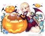  1girl black_wings blonde_hair blue_flower brown_eyes collarbone copyright_request detached_sleeves dress fang heart highres holding holding_knife knife lolita_fashion long_hair nail_polish open_mouth pumpkin red_nails sakuragi_ren simple_background sitting solo white_background wings 