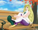  1girl bench blonde_hair blue_eyes high_heels leggings long_hair lusamine_(pokemon) pokemon sitting toeless_legwear 