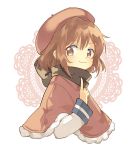  1girl brown_eyes brown_hair capelet floral_print fur_trim hair_ornament hairclip highres ikazuchi_(kantai_collection) long_sleeves looking_at_viewer pointing pointing_up scarf school_uniform serafuku short_hair simple_background smile solo white_background zuho_(vega) 