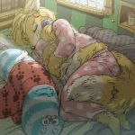  1girl artist_request bed brown_hair closed_eyes copyright_request dog furry long_hair pajamas sleeping tagme 