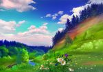  blue_sky clouds flower grass log nature no_humans original pine_tree river sasha_gladysh scenery sky tree 