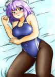 1girl absurdres black_legwear blue_swimsuit blush breasts cleavage competition_swimsuit d-m_(dii_emu) hat highres large_breasts lavender_hair letty_whiterock looking_at_viewer lying one-piece_swimsuit open_mouth pantyhose pantyhose_under_swimsuit short_hair solo swimsuit touhou 