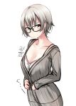 1girl blush cardigan glasses grey_eyes grey_hair nekobaka original short_hair simple_background sketch solo standing 